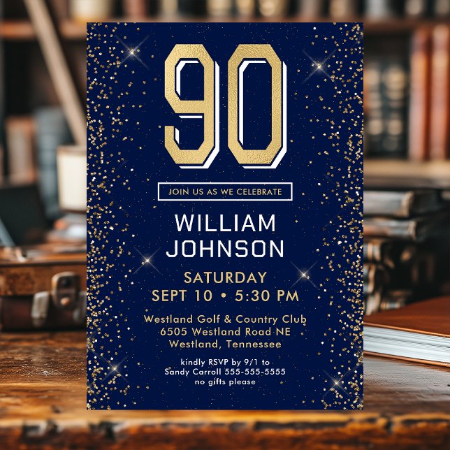 Modern Navy Blue 90th Birthday  Invitation (Creator Uploaded)