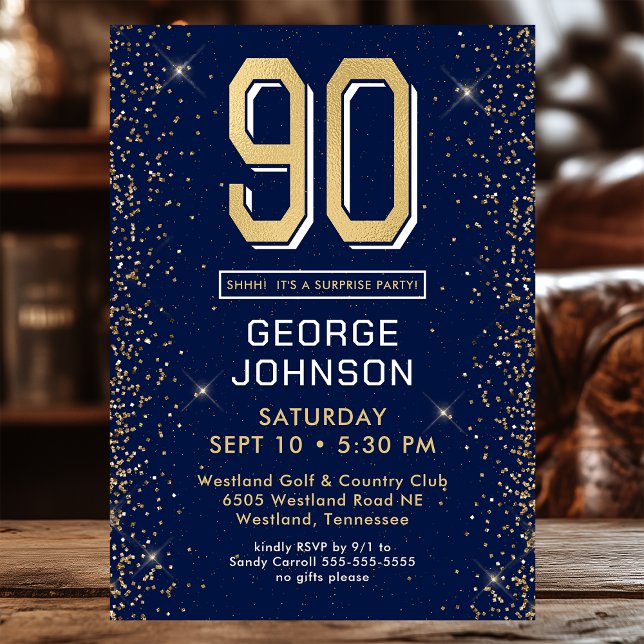 Modern Navy Blue 90th Birthday Surprise Party Invitation (Creator Uploaded)