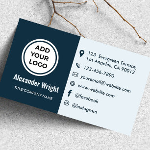 Modern Navy Blue Add Logo Contact Business Card