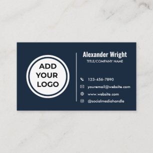 Modern Navy Blue Add Logo Contact Business Card