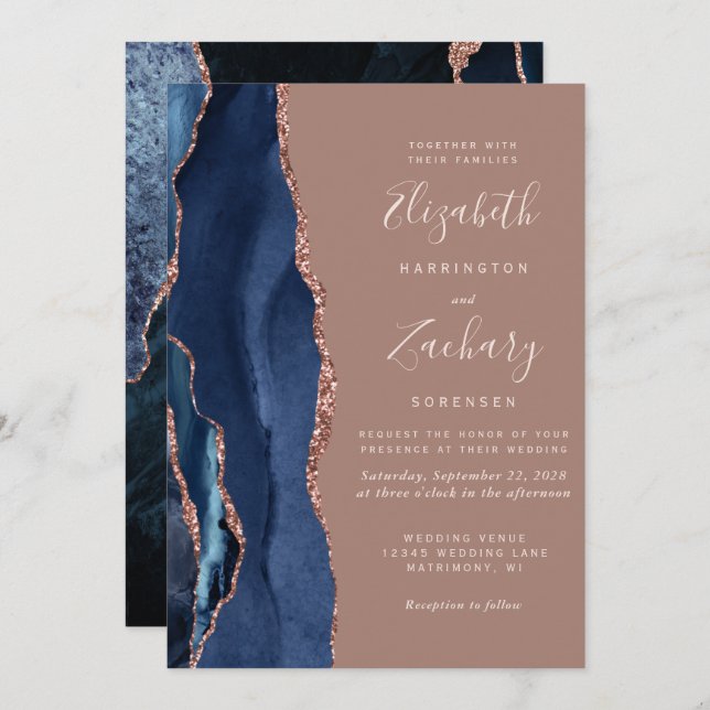 Modern Navy Blue Agate Dusty Rose Gold Wedding Invitation (Front/Back)
