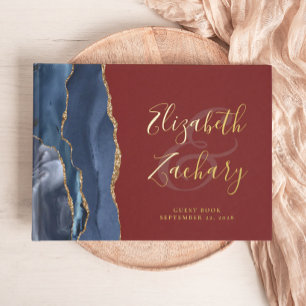 Modern Navy Blue Agate Gold Script Burgundy Guest Book