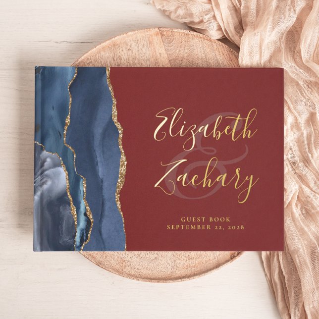 Modern Navy Blue Agate Gold Script Burgundy Guest Book (Creator Uploaded)