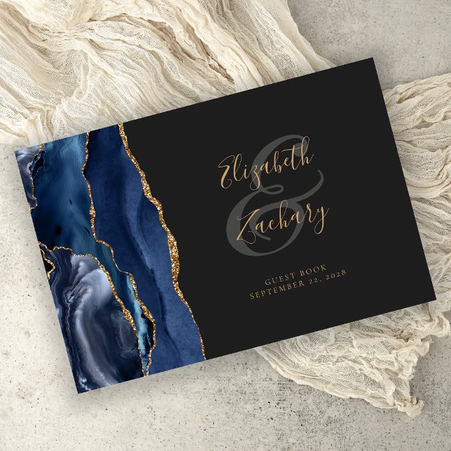 Modern Navy Blue Agate Gold Script Dark Guest Book (Creator Uploaded)