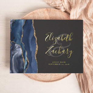 Modern Navy Blue Agate Gold Script Dark Guest Book