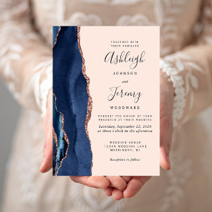 Modern Navy Blue Agate Rose Gold Blush Wedding Invitation