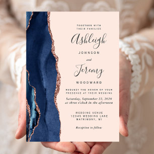 Modern Navy Blue Agate Rose Gold Blush Wedding Invitation