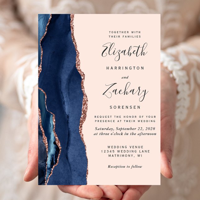 Modern Navy Blue Agate Rose Gold Blush Wedding Invitation (Creator Uploaded)