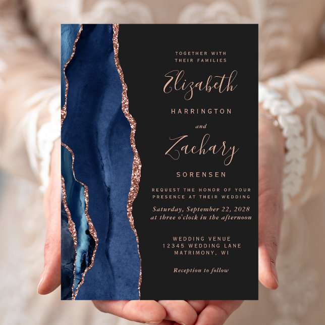 Modern Navy Blue Agate Rose Gold Dark Wedding Invitation (Creator Uploaded)