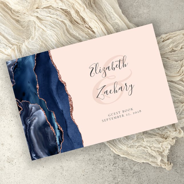 Modern Navy Blue Agate Rose Gold Script Blush Pink Guest Book (Creator Uploaded)