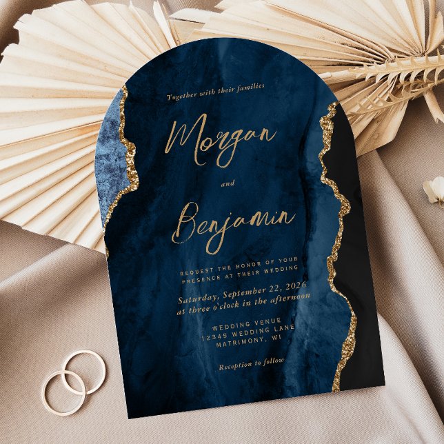 Modern Navy Blue Agate Script Arch Wedding Invitation (Creator Uploaded)