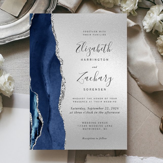 Modern Navy Blue Agate Silver Wedding Invitation (Creator Uploaded)