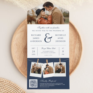 Modern Navy Blue Ampersand Photo QR Code Wedding All In One Invitation