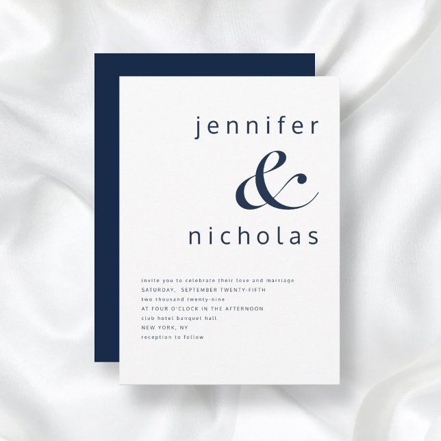 Modern Navy Blue Ampersand Wedding Invitation (Front/Back Navy Blue Simple Minimalist Typography Wedding Invitation)