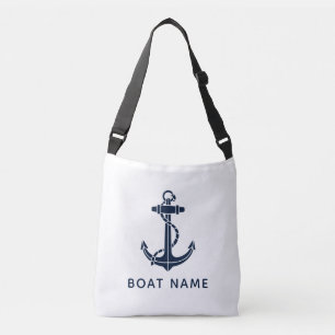 Modern Navy Blue Anchor Boat Name Custom Crossbody Bag