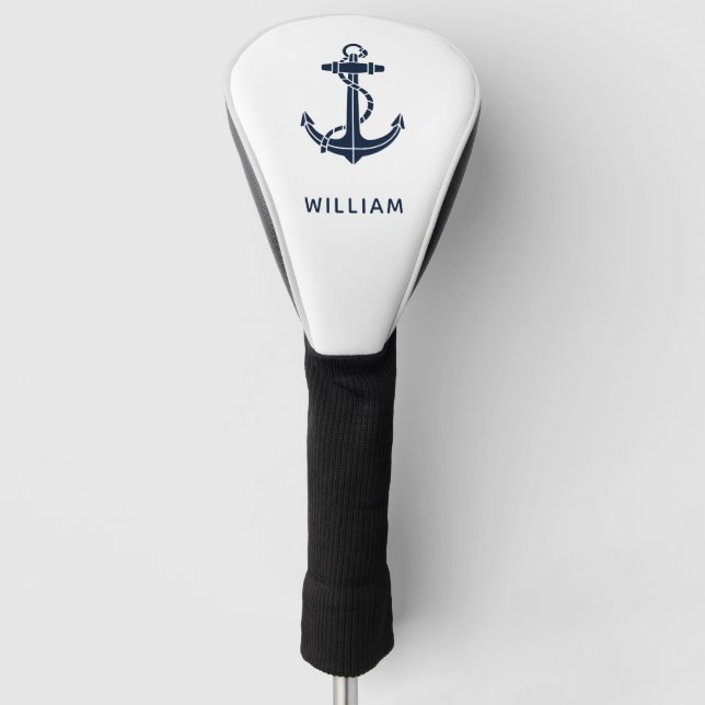 Modern Navy Blue Anchor Nautical Personalised Golf Head Cover (Front)