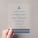 Modern Navy Blue Anchor Nautical Wedding  Acrylic Invitations<br><div class="desc">Invite guests to your wedding with our customisable acrylic wedding invitation. Featuring a bold navy blue anchor illustration, classic typography, and a timeless striped pattern. This nautical-inspired design effortlessly combines sophistication and coastal charm, creating a stunning invitation that is perfect for beach, destination, or maritime-themed weddings. Personalise this nautical wedding...</div>