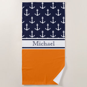 Modern Navy Blue Anchor Pattern Name Nautical Beach Towel