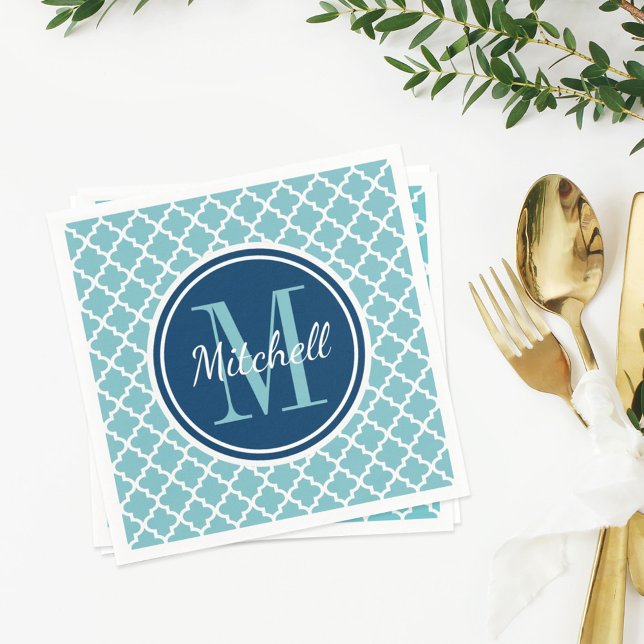 Modern Navy Blue and Aqua Quatrefoil Monogram Napkin (Creator Uploaded)