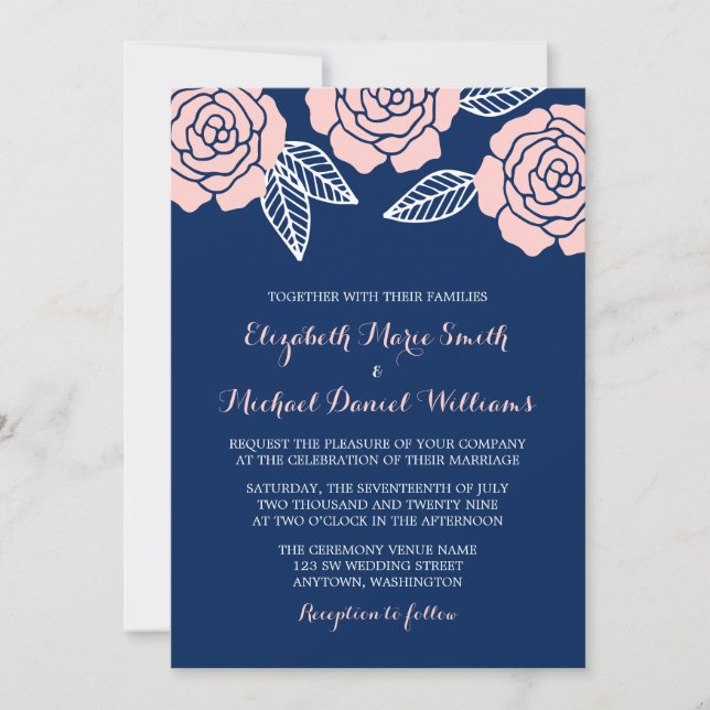 Modern Navy Blue and Blush Pink Rose Wedding Invitation (Front)