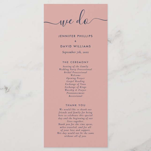 Modern Navy Blue and Blush We Do Wedding Programme (Front)