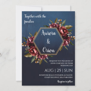 modern navy blue and burgundy wedding invitations