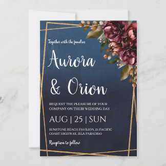 modern navy blue and burgundy wedding invitations