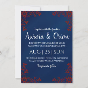modern navy blue and burgundy wedding invitations