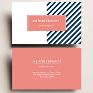 Modern Navy Blue and Coral Graphic Striped Business Card