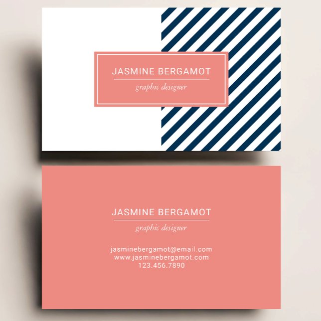 Modern Navy Blue and Coral Graphic Striped Business Card (Creator Uploaded)