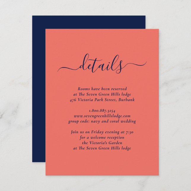 Modern Navy Blue and Coral Wedding Enclosure Card (Front/Back)