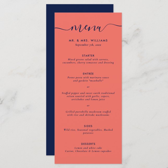 Modern Navy Blue and Coral Wedding Menu (Front/Back)