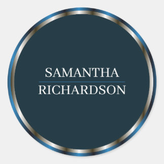 Modern Navy Blue And Gold Border Name Classic Round Sticker