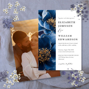 Modern Navy Blue And Gold Floral Photo Wedding Invitation