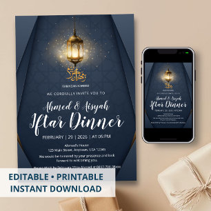 Modern Navy Blue and Gold Glowing Lantern Iftar Invitation