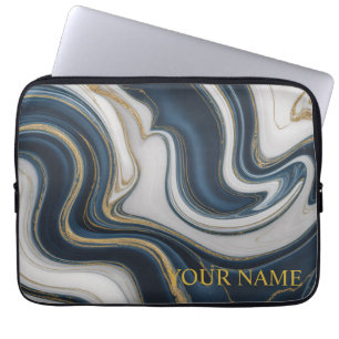 Modern Navy Blue and Gold Liquid Marble Laptop Sleeve
