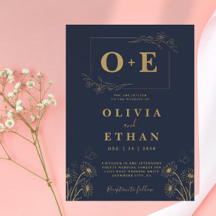 Modern Navy Blue and Gold Monogram Wedding Invitation