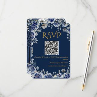 Modern Navy Blue and Gold QR Code Wedding RSVP Car Card