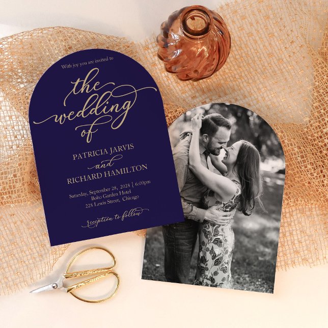 Modern Navy Blue and Gold Script Wedding Invitation (Creator Uploaded)