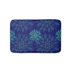 Modern Navy Blue and Green Floral Leaves Pattern Bath Mat