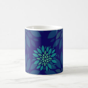 Modern Navy Blue and Green Floral Leaves Pattern Coffee Mug