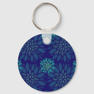 Modern Navy Blue and Green Floral Leaves Pattern Key Ring