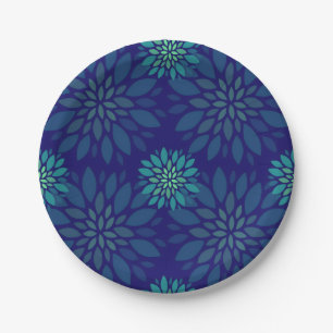 Modern Navy Blue and Green Floral Leaves Pattern Paper Plate