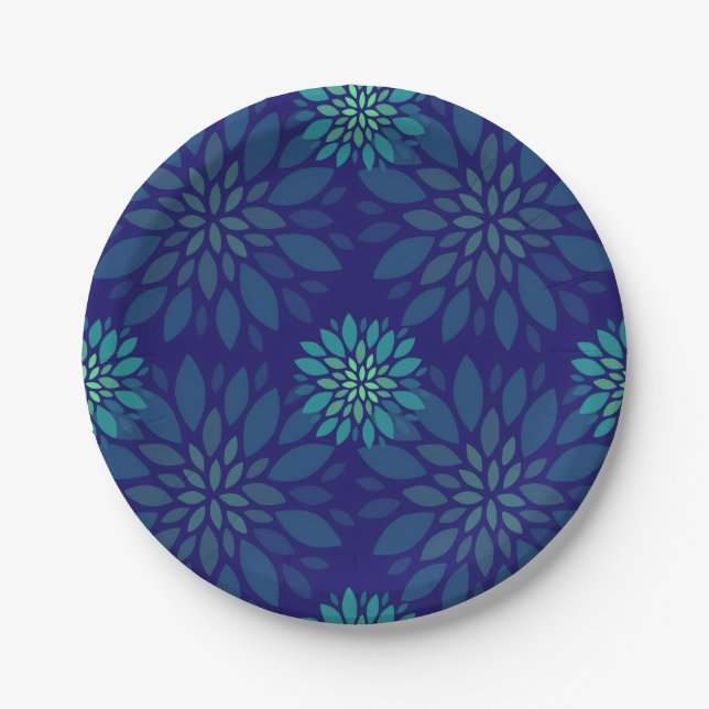 Modern Navy Blue and Green Floral Leaves Pattern Paper Plate (Front)