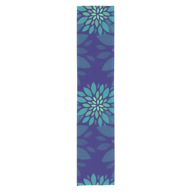 Modern Navy Blue and Green Floral Leaves Pattern Short Table Runner (Front)