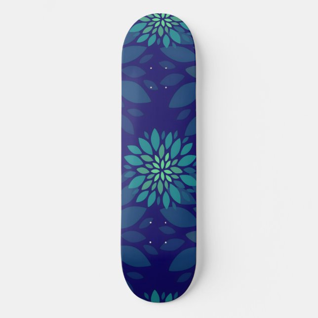 Modern Navy Blue and Green Floral Leaves Pattern Skateboard (Front)