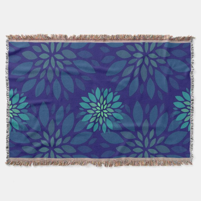 Modern Navy Blue and Green Floral Leaves Pattern Throw Blanket (Front)