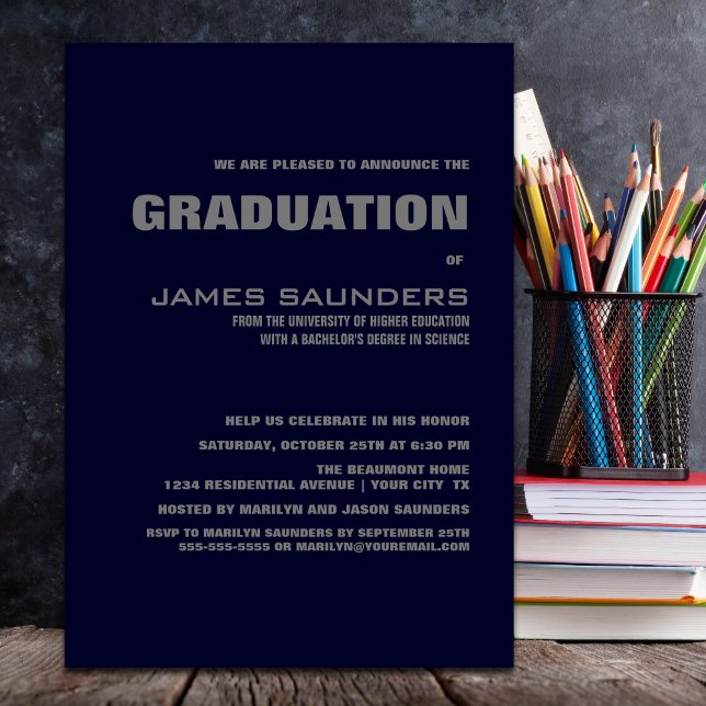 Modern Navy Blue and Grey Graduation Party Invitation (Creator Uploaded)