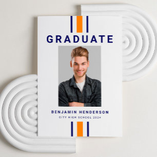 Modern Navy Blue And Orange Photo Graduation Announcement