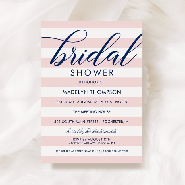 Modern Navy Blue and Pink Stripes Bridal Shower Invitation (Creator Uploaded)